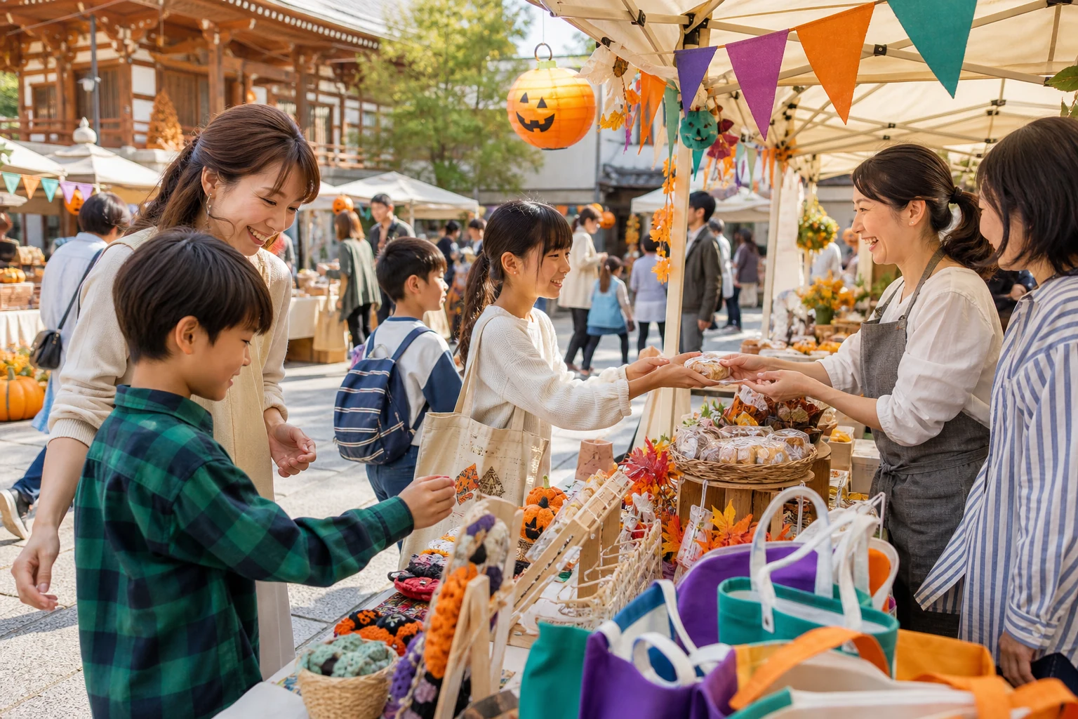 お寺の境内の明るい地域マルシェを楽しむ家族