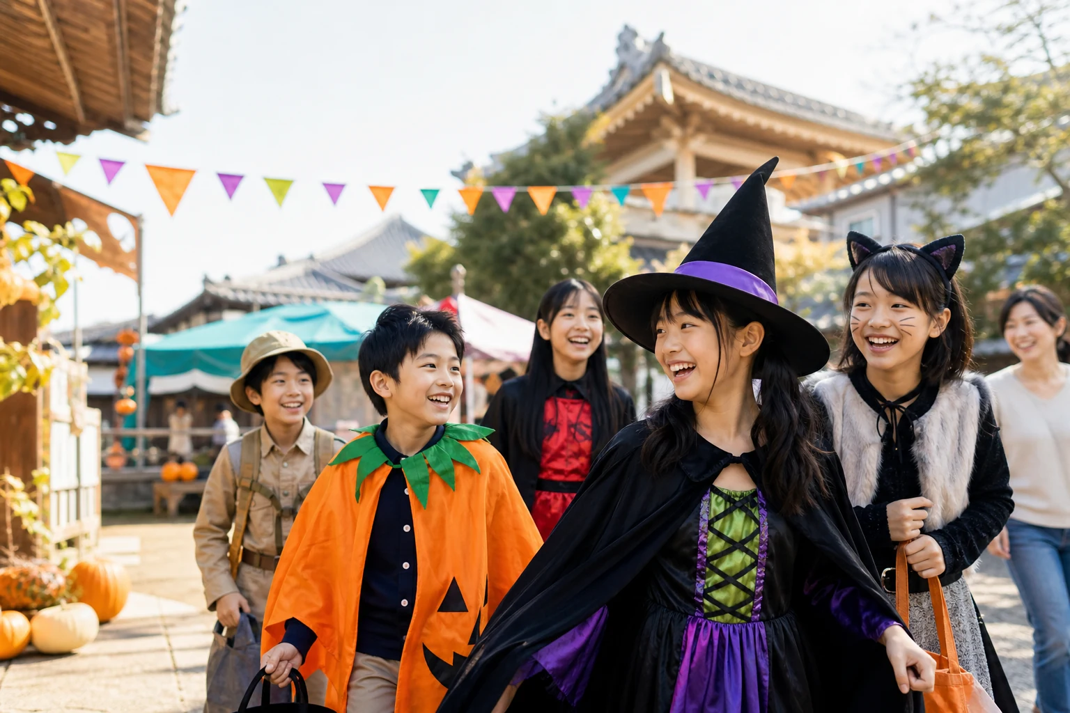 お寺の境内で明るいハロウィーン仮装を楽しむ子どもたち