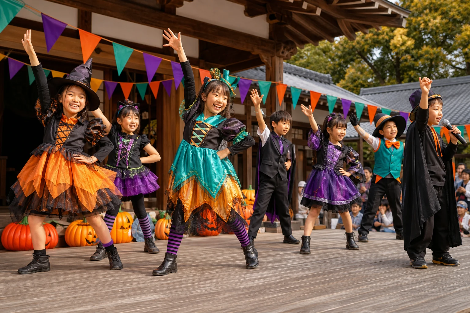子どもたちが明るい仮装でダンスステージを楽しむ様子