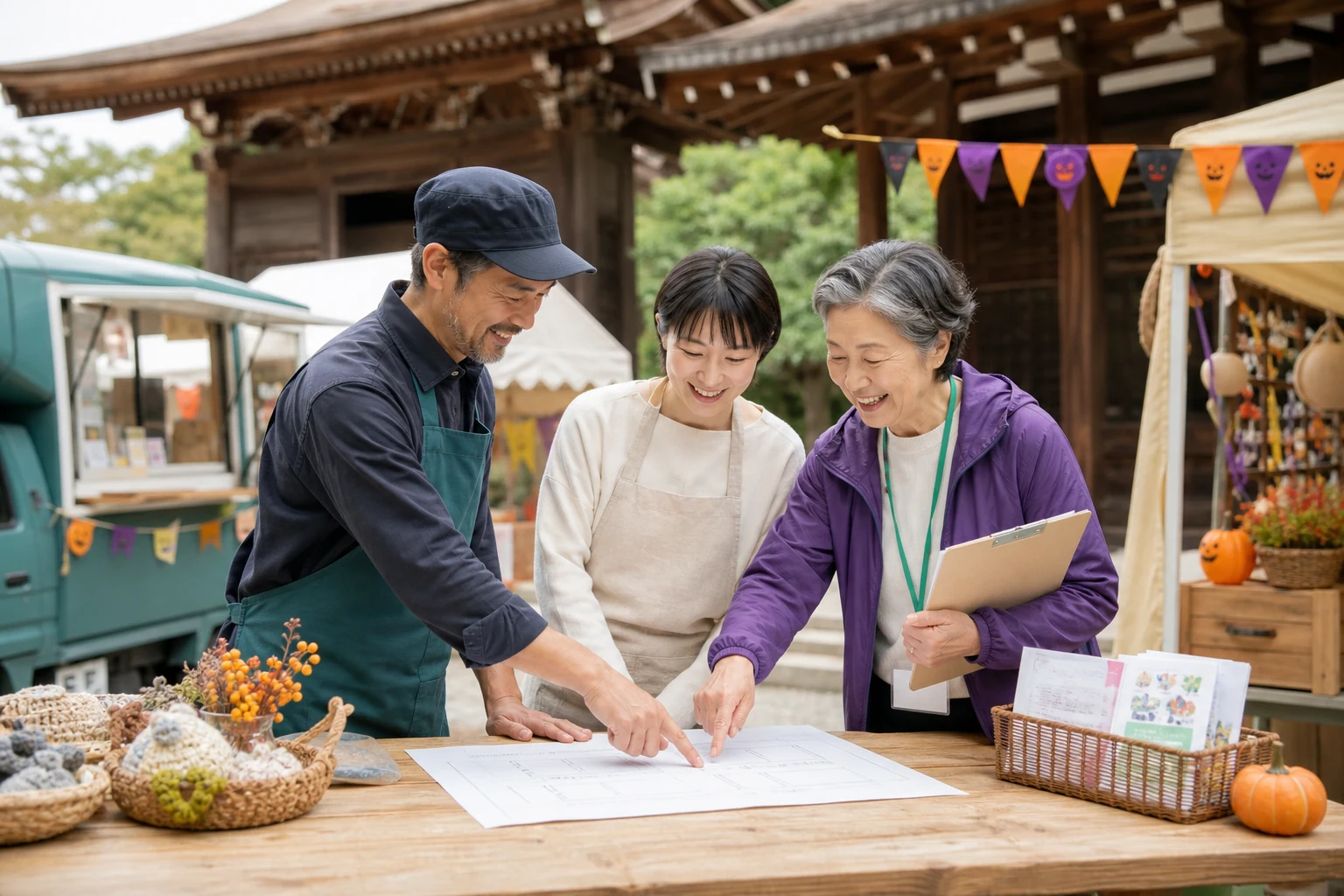 寺院の境内で出店計画を話し合う地域の事業者たち